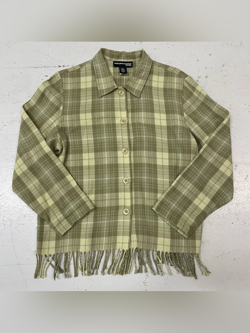 Vintage Green Coastal Wool Plaid Fringe Cardigan Button Up Top Sz M Lightweight